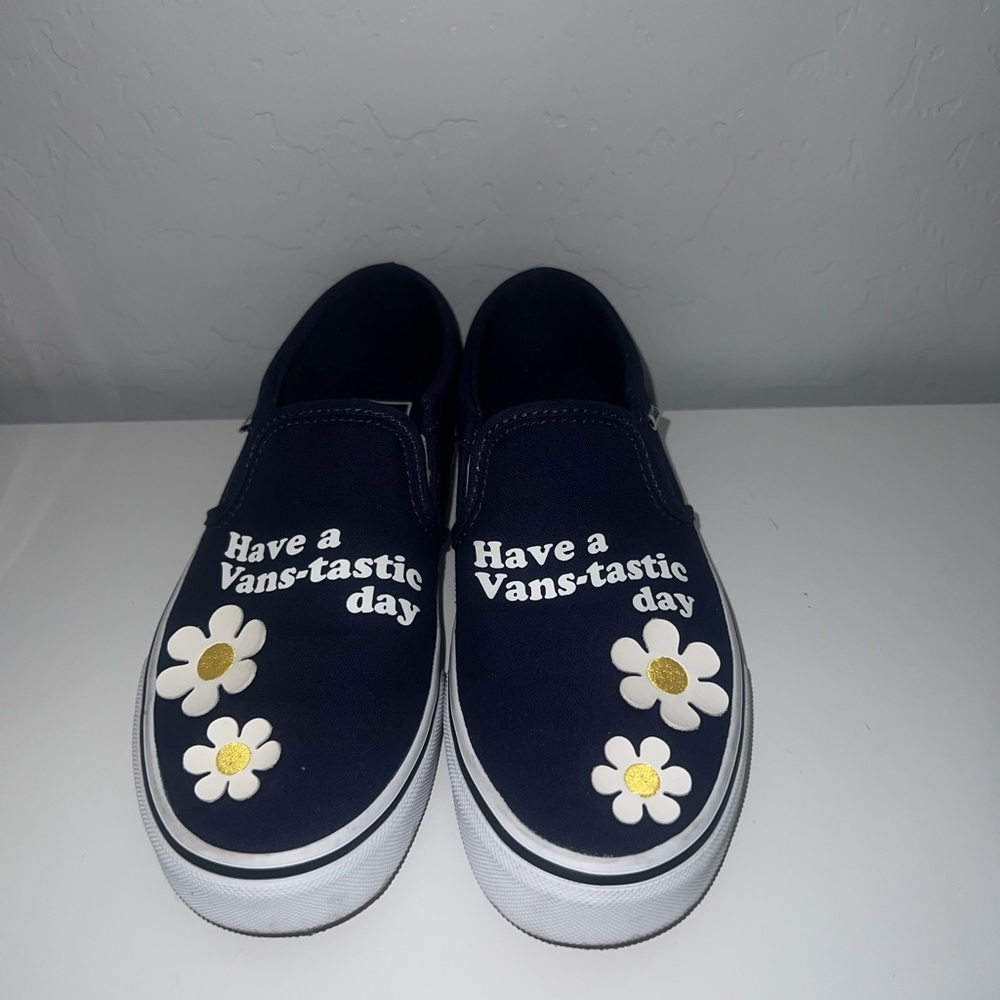 Vans Kids Navy Slip-On Sneakers with Floral Accents